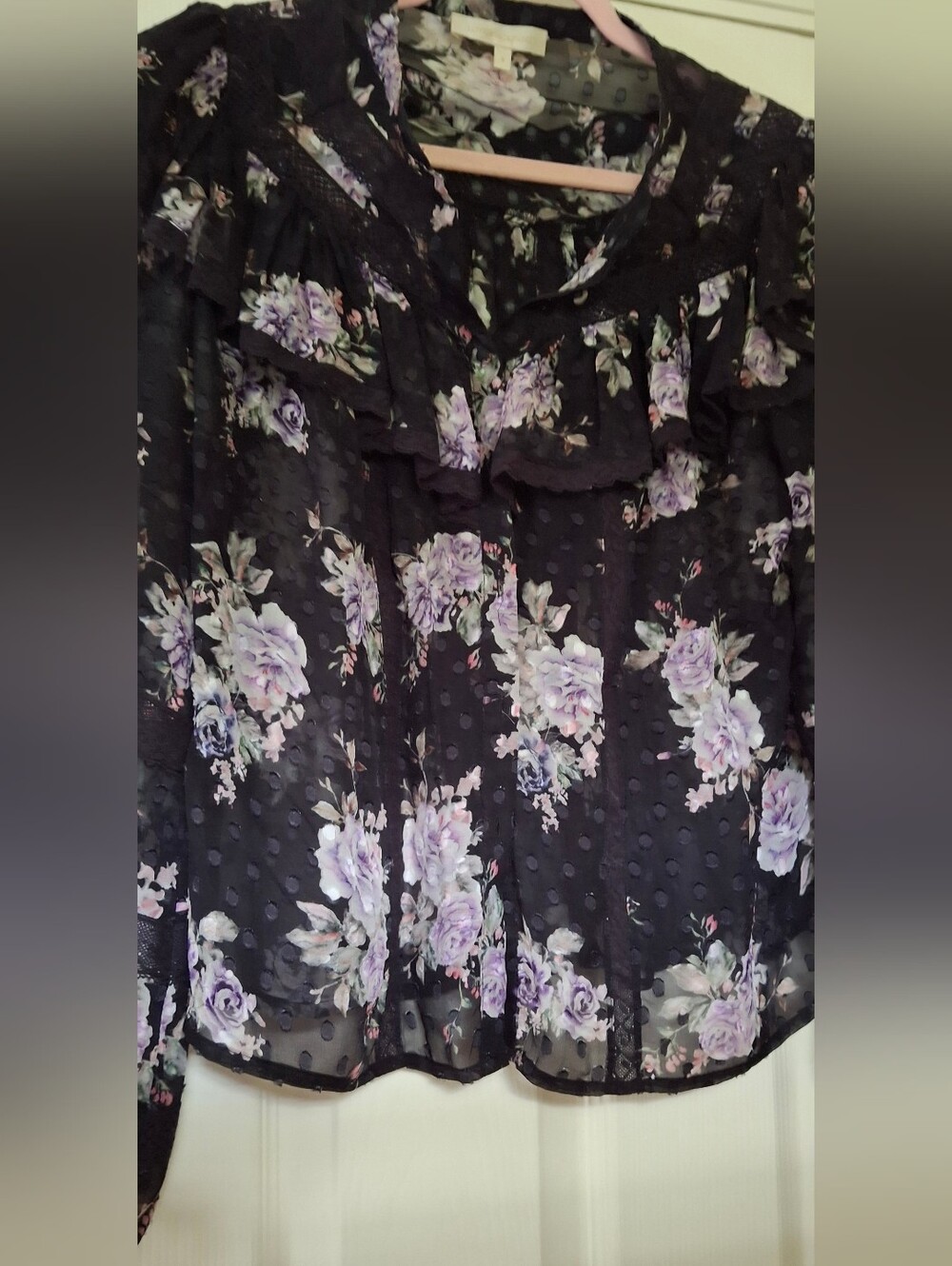 LoveShackFancy Black Silk And Viscose Blouse with Lavender Floral Print